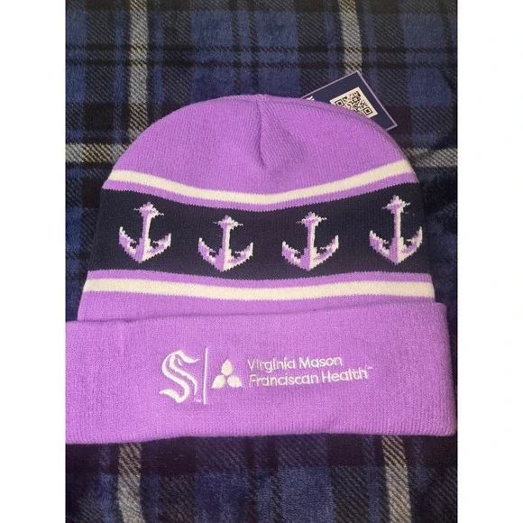 Seattle Kraken Hockey Fights Cancer Purple Knit Beanie - Picture 2 of 3